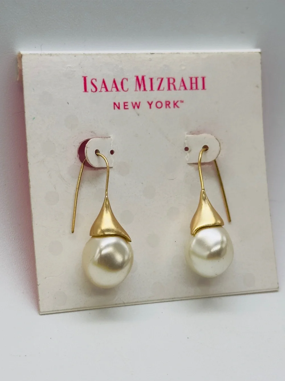 Issac Mizrahi Gold Tone Faux Pearl Drop Earrings Hook Delicate NWT